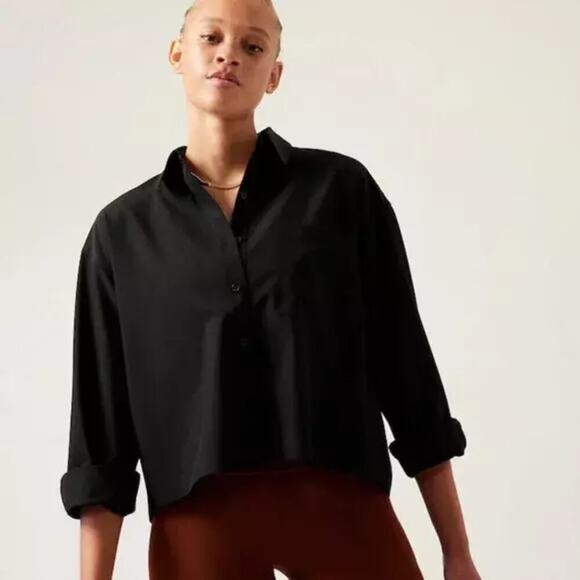 Athleta Cropped Stretch Tech Top Black Womens 3X NWT Button up Collared Work Top - Picture 1 of 8